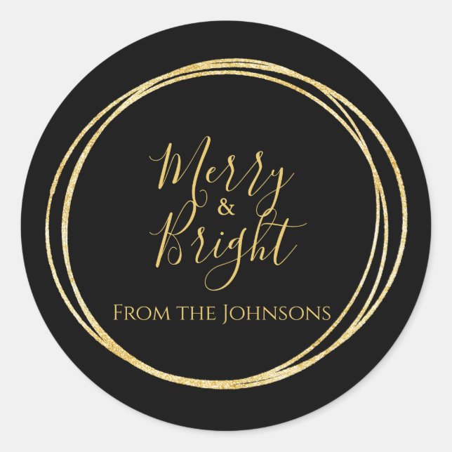 Adesivo Redondo Feliz de Natal e Família Brilhante Nome preto Dour (Frente)