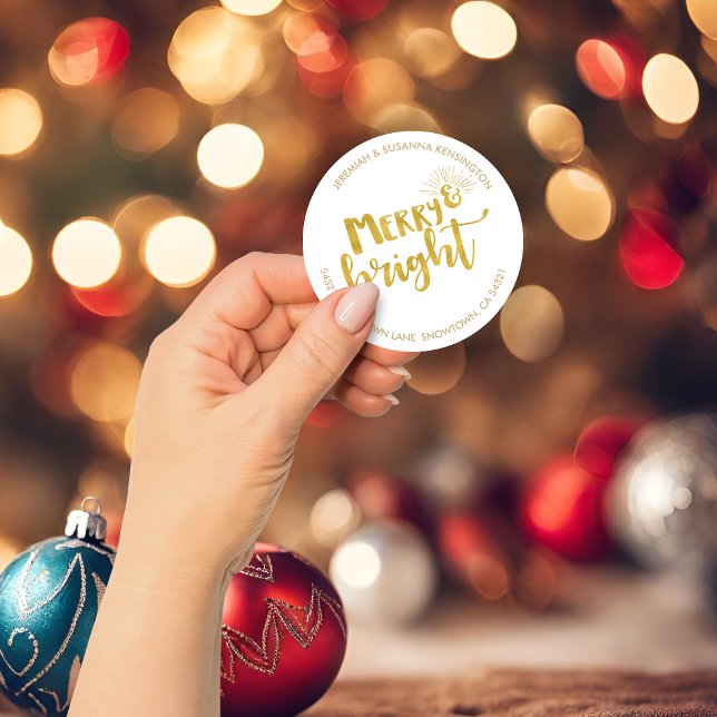 Adesivo Redondo Feliz de Natal Festiva Bright Gold Foil Endereço (Festive Christmas Merry Bright Gold Foil Address Classic Round Sticker)