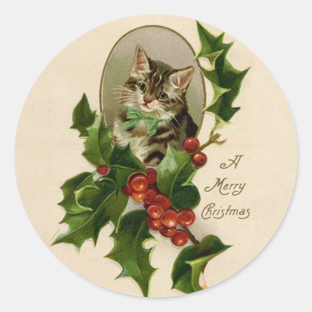 Adesivo Redondo Feliz de Natal Holly Kitten Arte Antiquada (Frente)