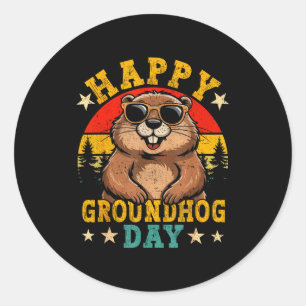 Adesivo Redondo Feliz Dia da Marmota Vintage Amante de Animais Hom