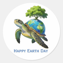 Adesivo Redondo Feliz Dia da Terra Planeta da Tartaruga e Árvores