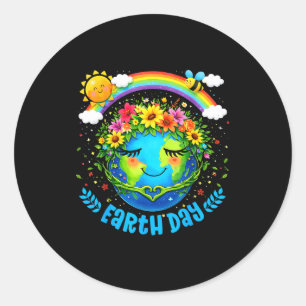 Adesivo Redondo Feliz dia da terra terra fofa coroa floral arco-ír
