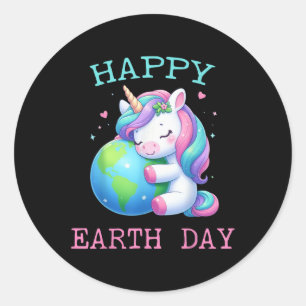 Adesivo Redondo Feliz Dia da Terra, Unicórnio Feliz, Homens Crianç