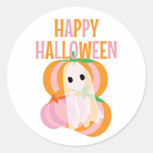 Feliz Dia das Bruxas abóboras rosa e um fantasma