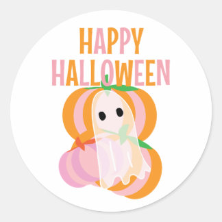 Adesivo Redondo Feliz Dia das Bruxas abóboras rosa e um fantasma