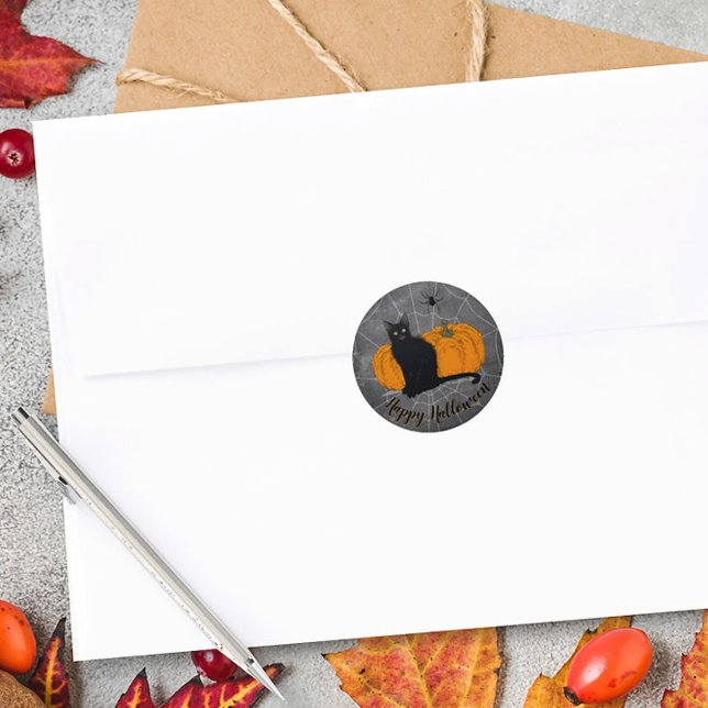 Adesivo Redondo Feliz Dia das Bruxas de Gato Negro (Black Cat Halloween Sticker)