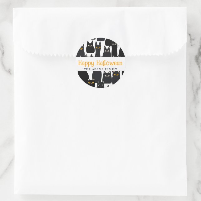 Adesivo Redondo Feliz Dia das Bruxas de Gatos Pretos (Bolsa)