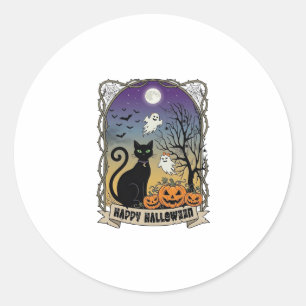 Adesivo Redondo Feliz Dia das Bruxas Gato Preto Fantasmas Abóboras