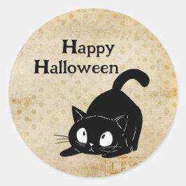 Adesivo Redondo Feliz Dia das Bruxas Gato Preto Vintage Assustador