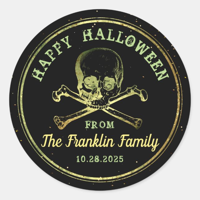 Adesivo Redondo Feliz Dia das Bruxas Gótico Preto e Dourado Caveir (Frente)