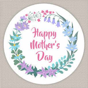 Adesivo Redondo Feliz Dia das Mães Floral Coroa de Flores Azul Ros