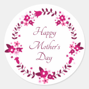 Adesivo Redondo Feliz Dia das Mães grinalda floral rosa