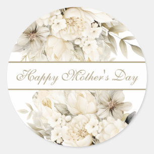 Adesivo Redondo Feliz Dia das Mães  Letra cursiva floral creme de 