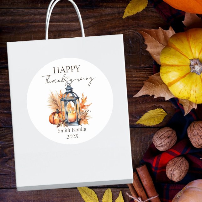 Adesivo Redondo Feliz dia de Ação de Graças Boho Abóbora Lanterna  (Happy Thanksgiving favor gift stickers modern watercolor boho lantern pumpkin pampas grass)