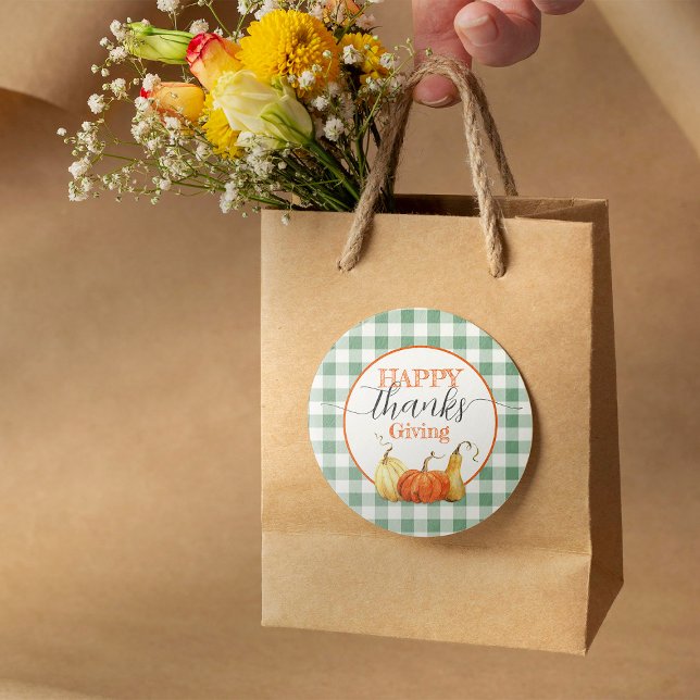 Adesivo Redondo Feliz Dia de Ação de Graças Checkloth Pumpkins (Criador carregado)