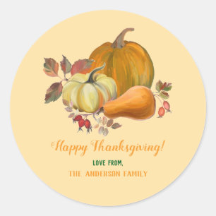 Adesivo Redondo Feliz Dia de Ação de Graças Colheita Pumpkins Foli