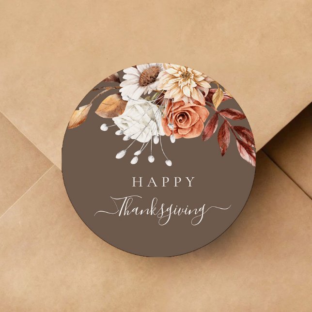 Adesivo Redondo Feliz Dia de Ação de Graças de Queda Elegante (Elegant Fall Floral Happy Thanksgiving Classic Round Sticker)