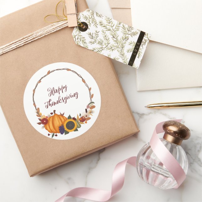 Adesivo Redondo Feliz Dia de Ação de Graças Fall Wreath (Presentear)
