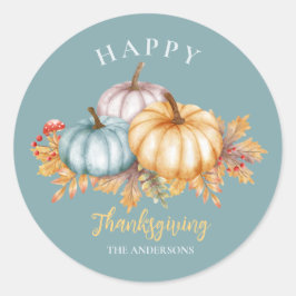 Adesivo Redondo Feliz dia de Ação de Graças floral abóboras azuis