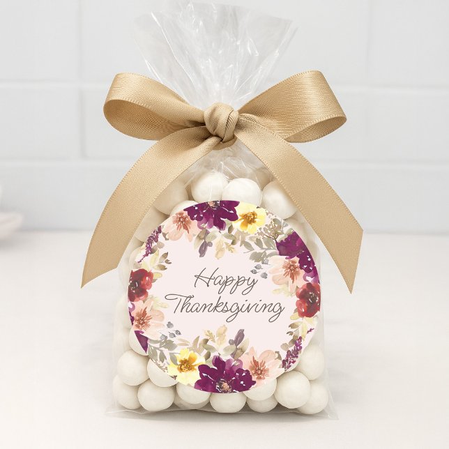 Adesivo Redondo Feliz Dia de Ação de Graças Pumpkin Burgundy Rosa  (Burgundy watercolor floral Thanksgiving sticker)