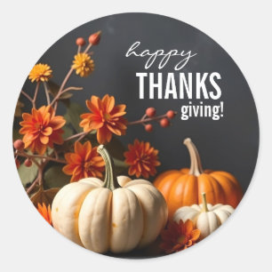 Adesivo Redondo Feliz Dia de Ação de Graças Pumpkin Flowker Sticke