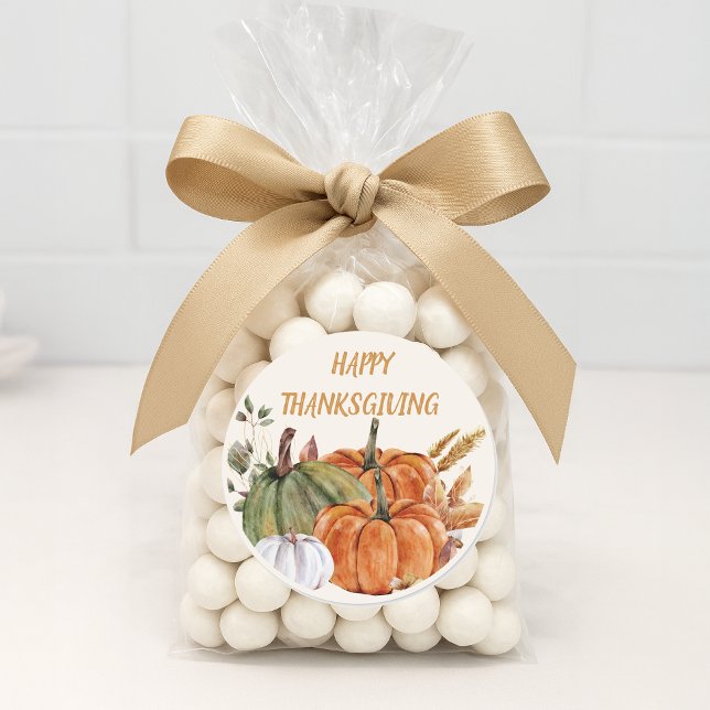 Adesivo Redondo Feliz Dia de Ação de Graças Pumpkins Laranja Verde (Happy Thanksgiving sticker)