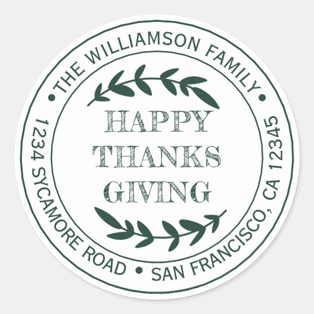 Adesivo Redondo Feliz Dia de Ação de Graças Rústico Endereço de Re (Frente)