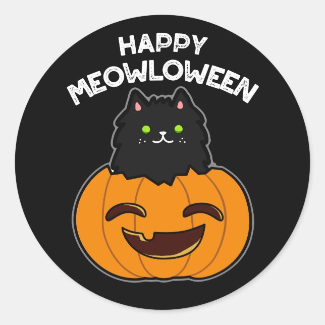 Adesivo Redondo Feliz Dia de as Bruxas engraçado Meowloween Pun Da (Frente)