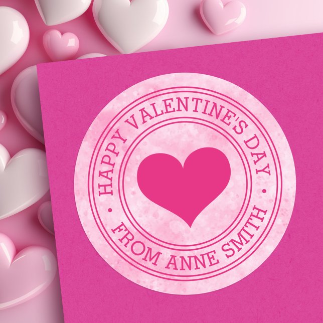 Adesivo Redondo Feliz dia de os namorados do nome personalizado ro (Happy Valentine's Day from custom Name pink Classic Round Sticker)