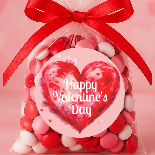 Adesivo Redondo Feliz dia de os namorados Rosa Vermelho (Red heart on pink "Happy Valentine's Day" sticker)