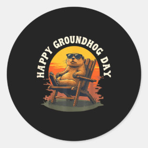 Adesivo Redondo Feliz Dia do Ground Hog Vintage Pôr do Sol Animaçã