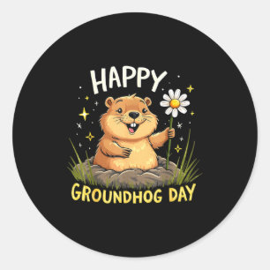 Adesivo Redondo Feliz Dia do Groundhog Com Flor