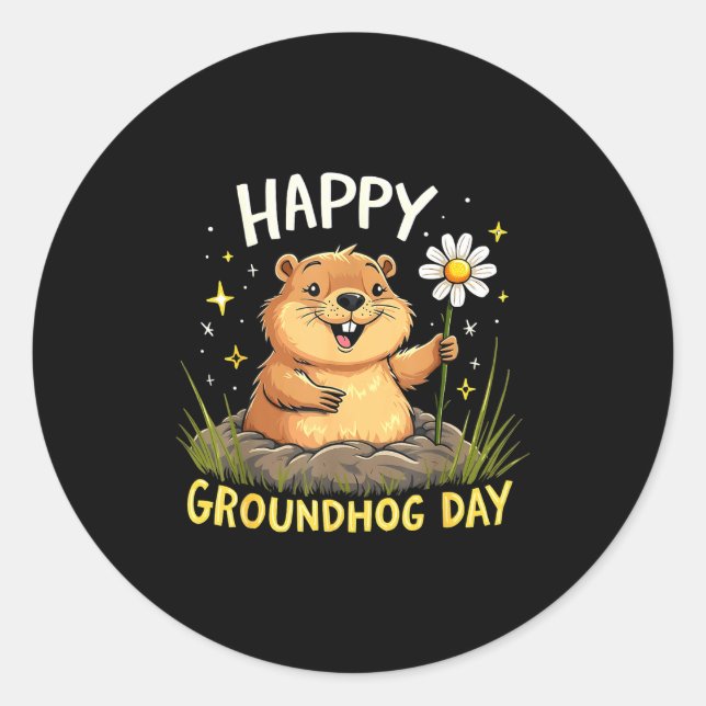 Adesivo Redondo Feliz Dia do Groundhog Com Flor  (Frente)