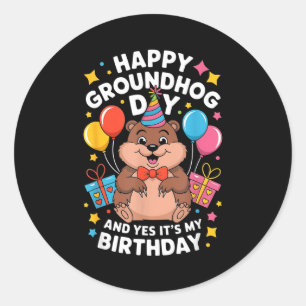Adesivo Redondo Feliz Dia do Groundhog e é meu aniversário 2 de fe