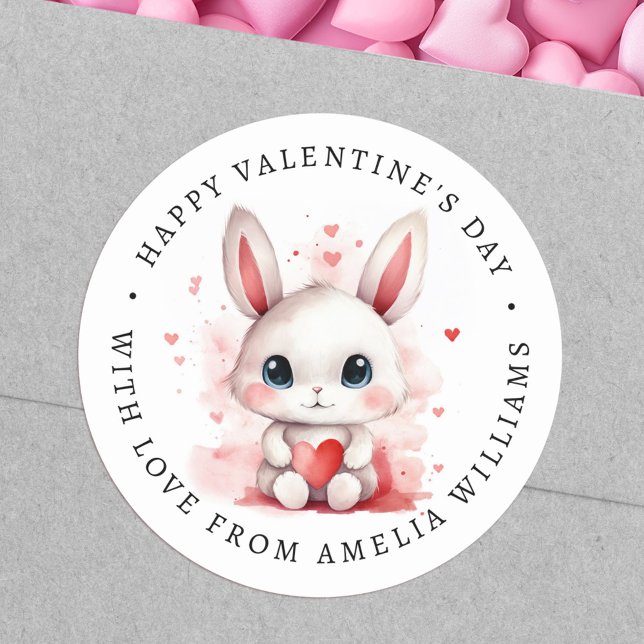 Adesivo Redondo Feliz dia dos namorados belo coelhinho segurando c (Happy Valentines day cute bunny holding heart Classic Round Sticker)