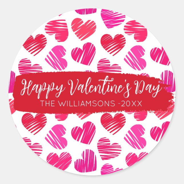 Adesivo Redondo Feliz Dia dos Namorados Corações Vermelhos Moderno (Frente)
