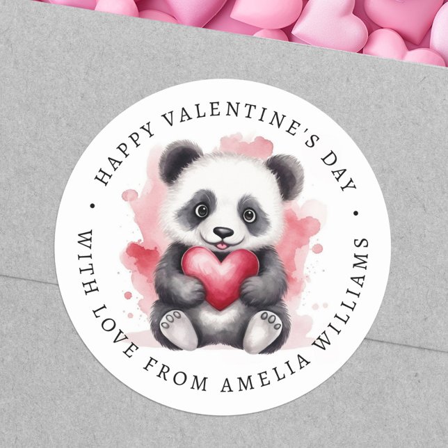 Adesivo Redondo Feliz Dia dos Namorados Pânico bonitinho segurando (Happy Valentines day cute panda holding heart Classic Round Sticker)