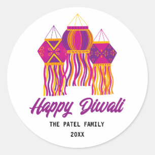 Adesivo Redondo Feliz Diwali Púrpura Lanterna Amarelo Cor-de-Rosa