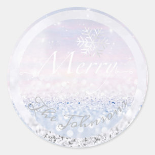 Adesivo Redondo Feliz Do Nome Da Família Snowflakes Blue Glitter