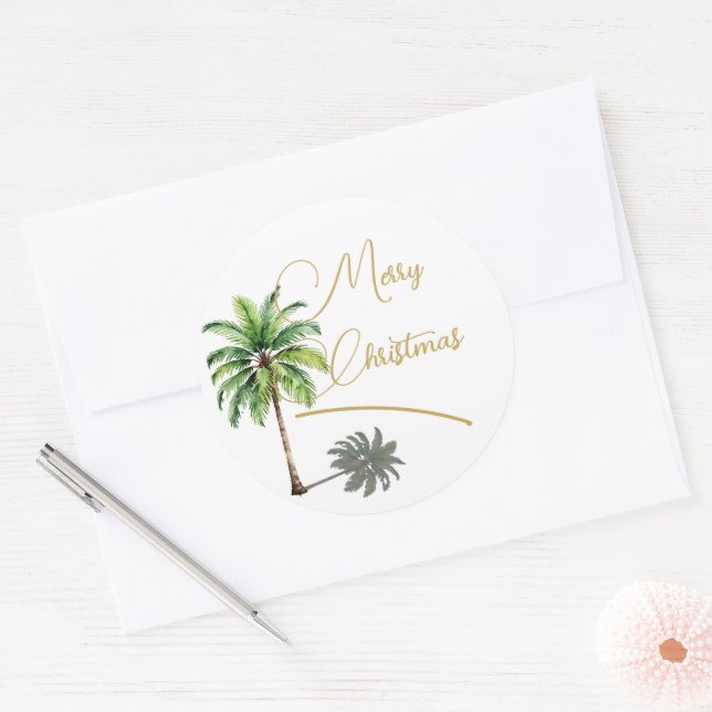Adesivo Redondo Feliz Dourada da Árvore Tropical de Natal (Envelope)