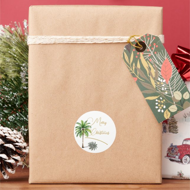 Adesivo Redondo Feliz Dourada da Árvore Tropical de Natal (Feriado)