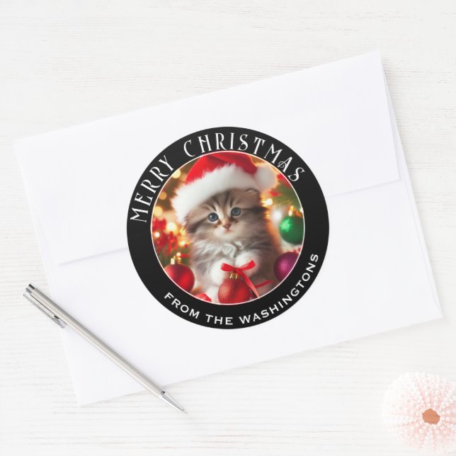 Adesivo Redondo Feliz e Adorável Kitten Personalizado Natal (Envelope)