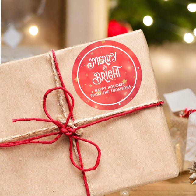 Adesivo Redondo Feliz e Brilho da Estrela Vermelha com faísca (Criador carregado)