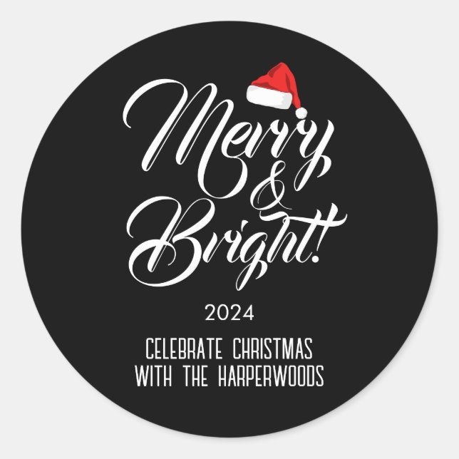 Adesivo Redondo Feliz e Brilho | Família de Natal Elegante Simples (Frente)