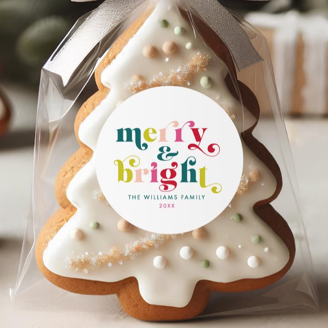Adesivo Redondo Feliz e Natal Brilhante com vários cores (Multi Colored Modern Merry & Bright Christmas Classic Round Sticker)