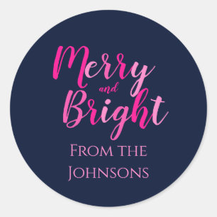 Adesivo Redondo Feliz e nome da família Brilhante Azul-Rosa