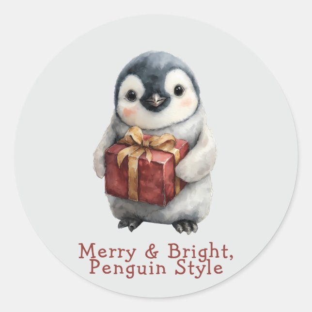 Adesivo Redondo Feliz e Pinguim Brilhante Natal (Frente)