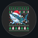 Adesivo Redondo Feliz Engraçada Festa de Natal<br><div class="desc">Feliz engraçada Tubarão Natal Feio Noel Hat Luz Natal 5</div>