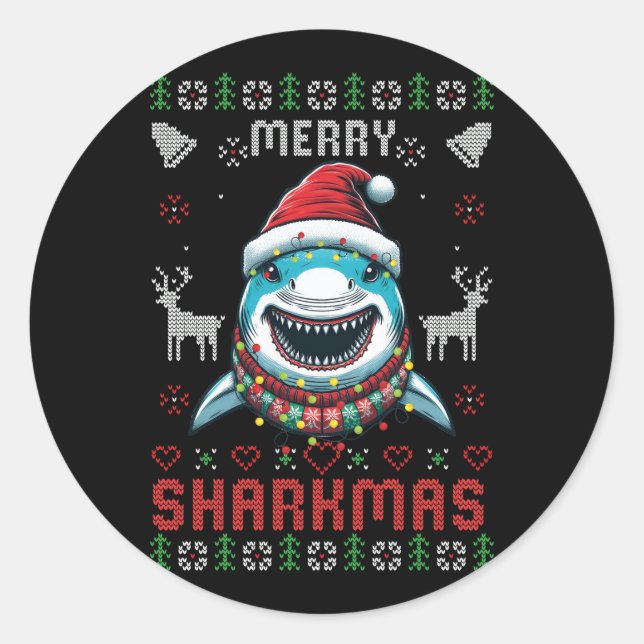 Adesivo Redondo Feliz engraçada Sharkmas Feia Vestindo tubarão de  (Frente)