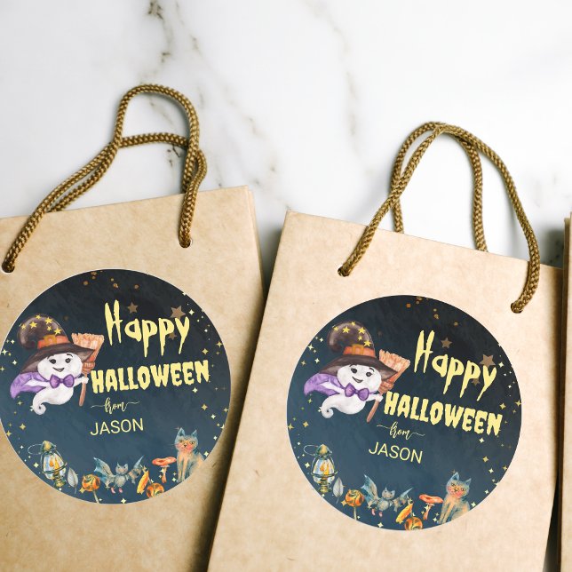 Adesivo Redondo Feliz fantasma bonitinho de Halloween (Happy Halloween stickers cute ghost starry night critters stickers for Halloween goodie bags gifts)